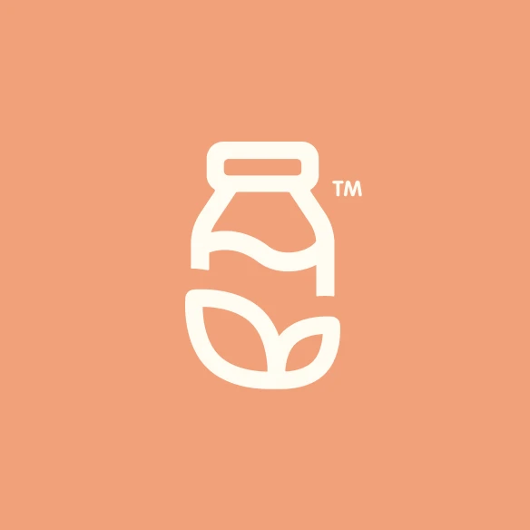 Minimalist white line art logo featuring a beverage bottle shape combined with two leaves on a solid salmon-pink background with a small "TM" mark.